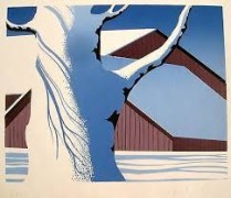"Red Barn and Tree Trunk" Serigraph by Eyvind Earle