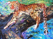 "Reclining Leopard" Embellished Giclee on Canvas