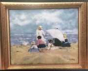 "Family at the Beach" Original Enamel on Copper by Max Karp