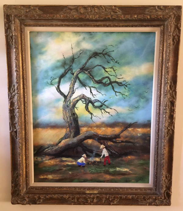 "Campfire With the Boys" Original Enamel on Copper by Max Karp