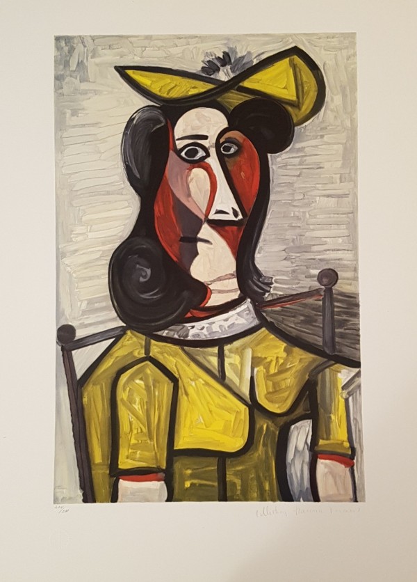 "Portrait de Femme au Chapeau et à la Robe Vert Jaune" (Portrait of a Woman with a Hat and a Green Yellow Dress)