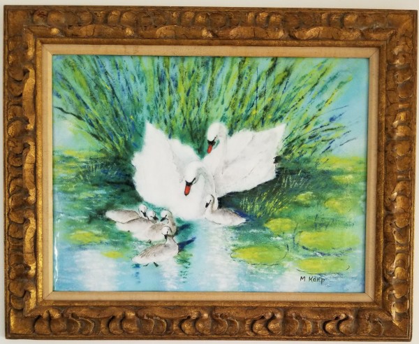 "Cobb, Pen and 5 Cygnets" Enamel on Copper by Max Karp