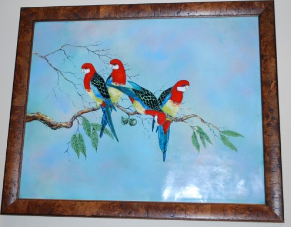 "Rosette Parrots" Enamel on Copper by Max Karp