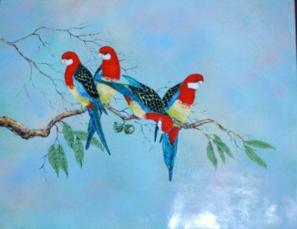 "Rosette Parrots" Enamel on Copper by Max Karp