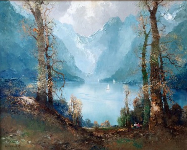 "Fjords" Lake Scene Original Oil on Canvas by Willi Bauer