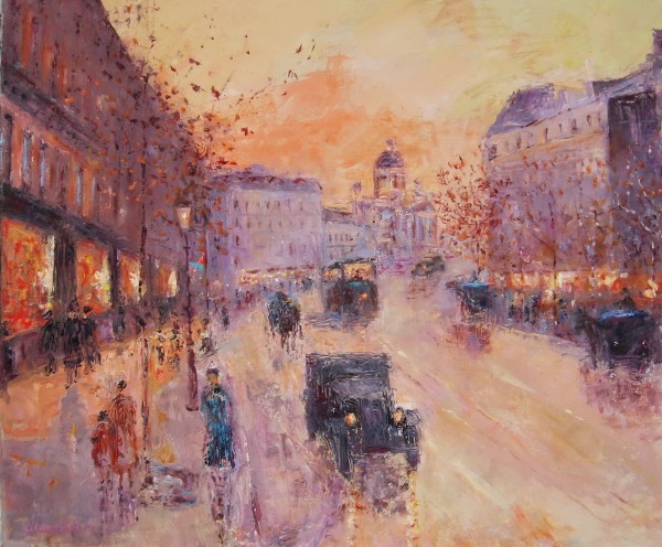 Along the Boulevard 1930 Original Acrylic on Canvas by Slobodan Paunovic