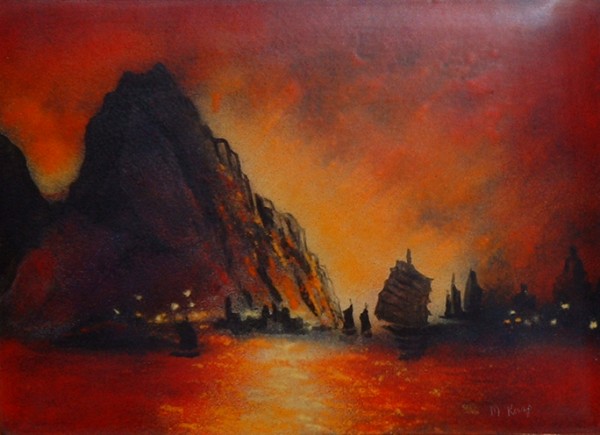"Sunset in Macau" Original Enamel on Copper by Max Karp