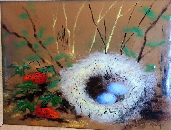 "Bird's Egg With Strawberries" enamel on copper by Max Karp