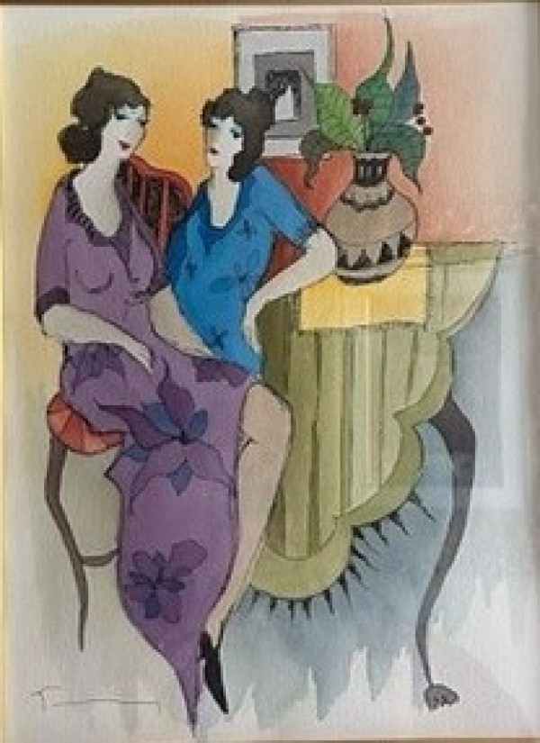 "Pleasantries" Unique Mixed Media with Watercolor on Wove Paper by Itzchak Tarkay