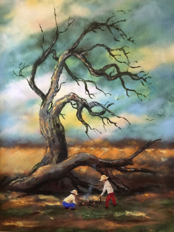 "Campfire With the Boys" Original Enamel on Copper by Max Karp