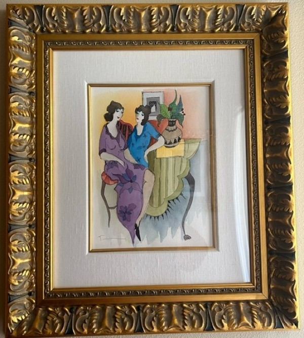 "Pleasantries" Unique Mixed Media with Watercolor on Wove Paper by Itzchak Tarkay