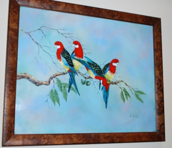 "Rosette Parrots" Enamel on Copper by Max Karp