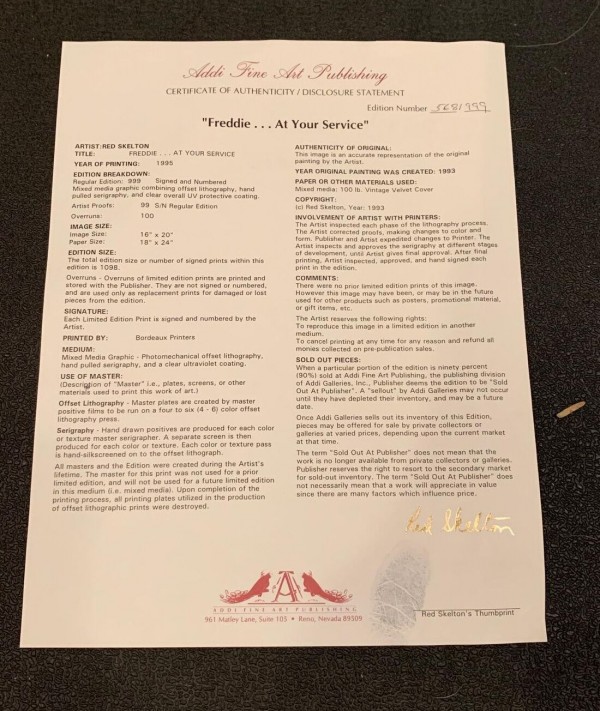 Freddiy "At Your Service" Lithograph/Serigraph by Red Skelton