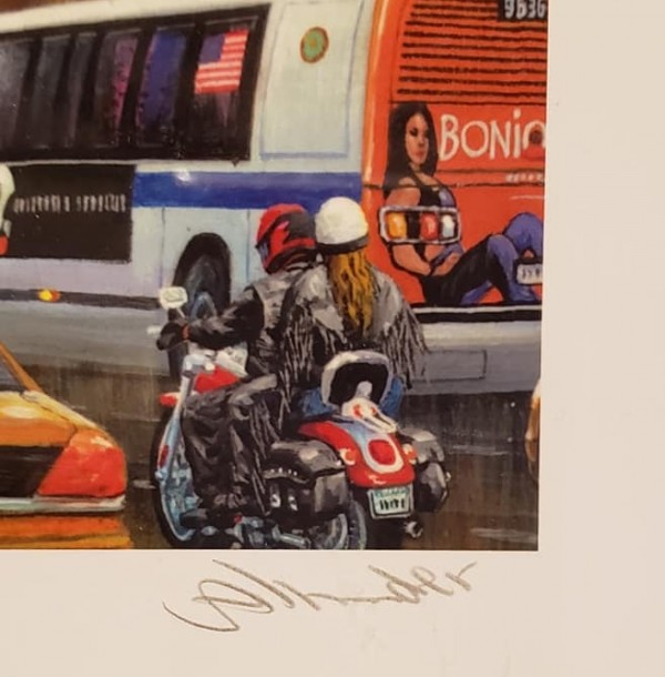 chinese artist, china, asian artist, cityscape, realism, realist artist, buildings, skyscrapers, statue, taxi, advertising, signs, time square, theater, Broadway, restaurant, cars, traffic, 