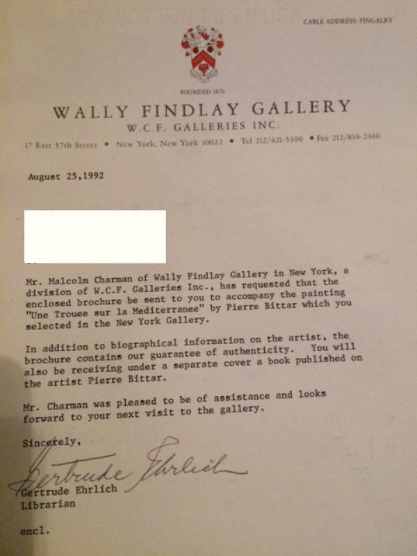 Wally Findlay Letter regarding "Une Trouee Sur La Mediterranee" by Pierre Bittar