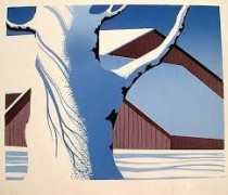 "Red Barn and Tree Trunk" Serigraph by Eyvind Earle