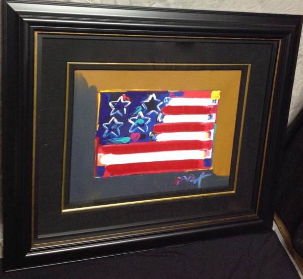 "Flag With Heart" Series III, Framed Unique Mixed Media Acrylic on Lithograph by Peter Max