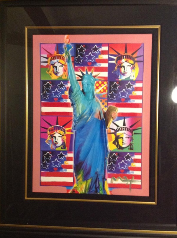 "God Bless America" with 5 Liberties Framed Unique Mixed Media Acrylic on Color Lithograph by Peter Max