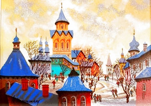 "Yellow Evening-Russia" Serigraph in Color on Canvas by Anatole Krasnyansky