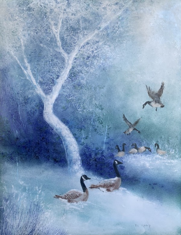 "Geese in a Snow Swamp" Enamel on Copper Original art by Max Karp