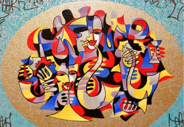 Heavenly music session 2001 erigraph in color with hand embellishment on canvas by Anatole Krasnyansky