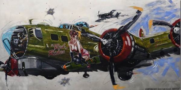 "Red Rider" B-17 Original Mixed Media Painting on Hand Worked Aluminum by Michael Bryan