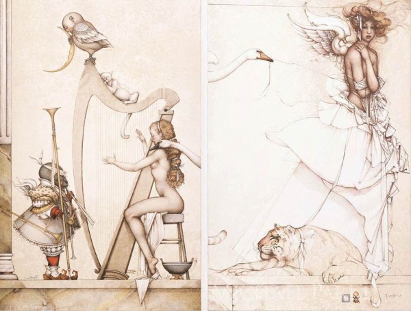 "Moon Harp"  & "Summer Memories" Stone Lithographs by Michael Parkes